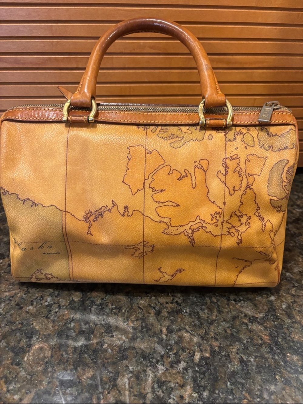 Alviero Martini Map-Print Leather Satchel in Cognac Brown - Picture 2 of 12